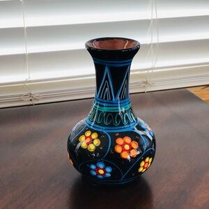 Hand-Painted Black Floral Pottery Vase with Colorful Accents